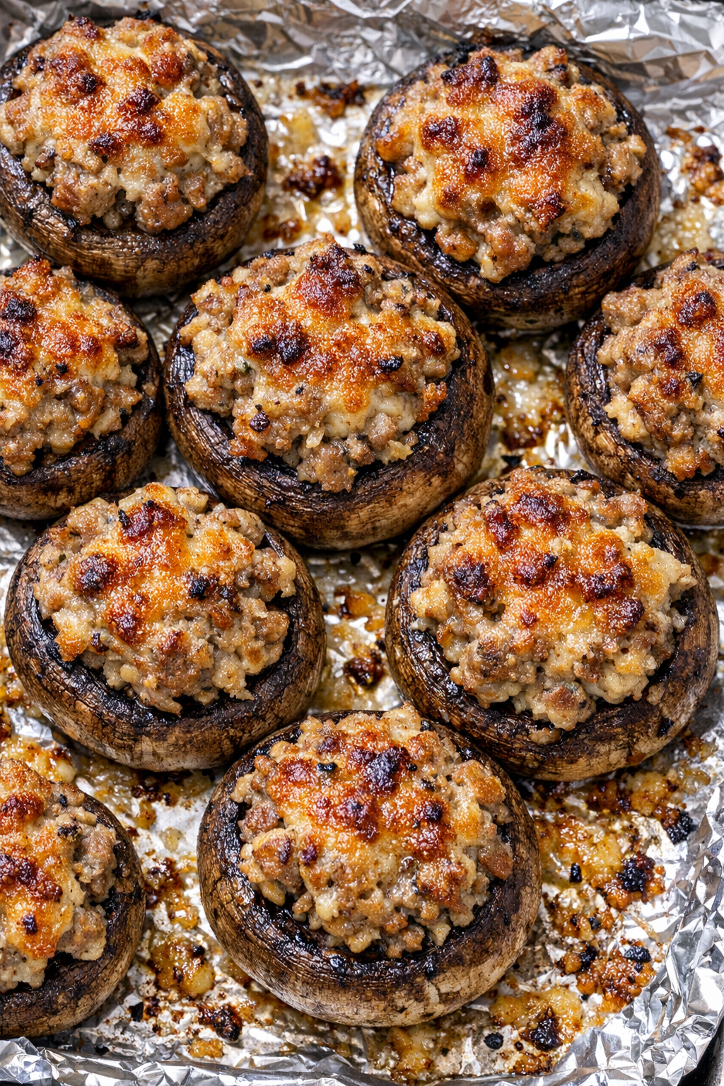 Southern 3-ingredient sausage stuffed mushrooms on a foil-lined baking tray