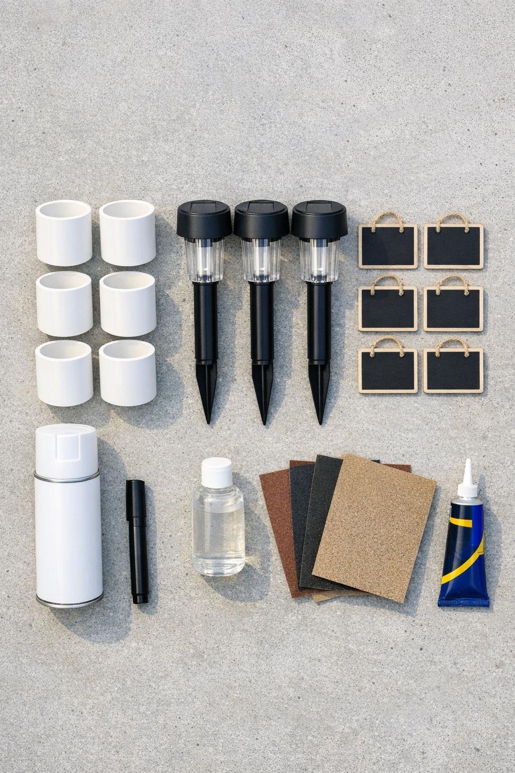 PVC pipe sections, solar stake lights, and chalkboard tags laid out as materials