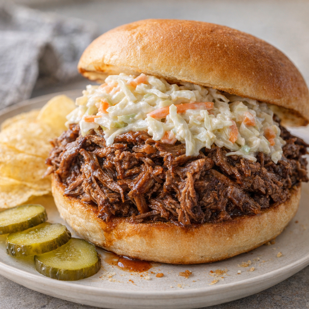 Leftover shredded beef sandwich with coleslaw on a toasted bun