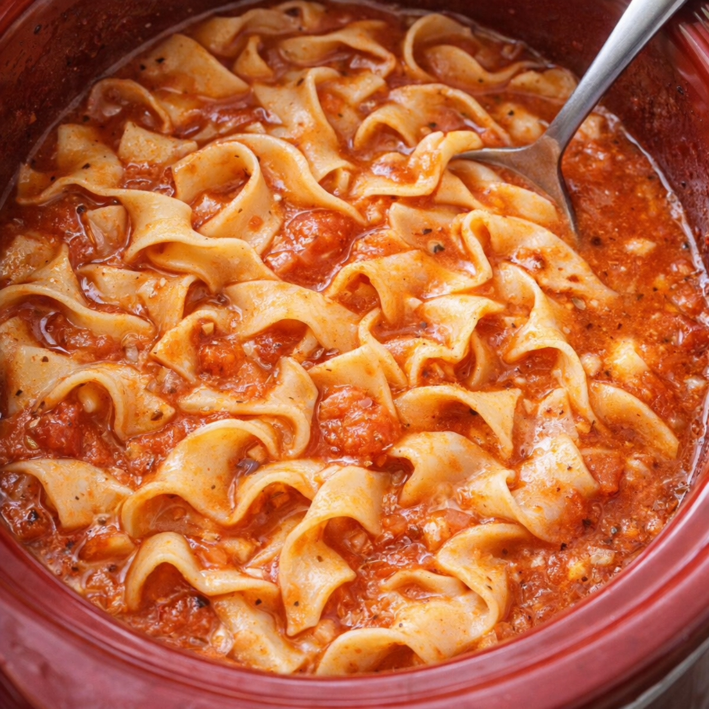 Egg noodles softening in tomato sauce
