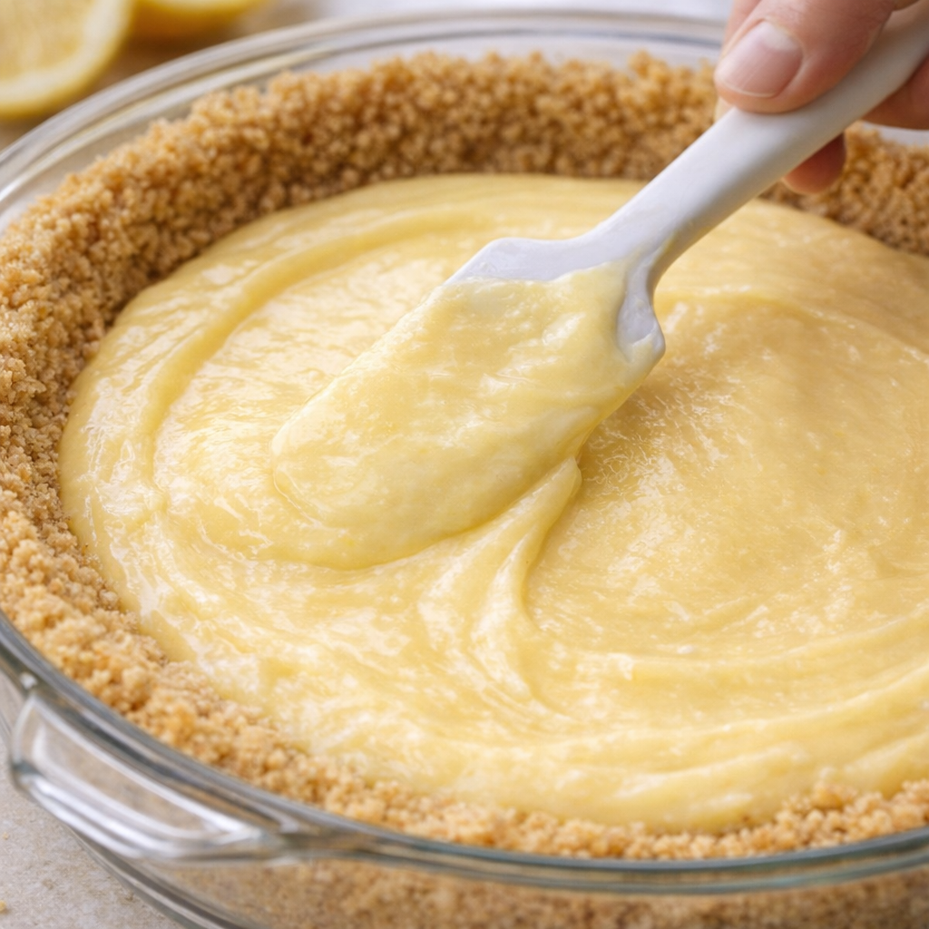 Lemon filling being smoothed into pie crust
