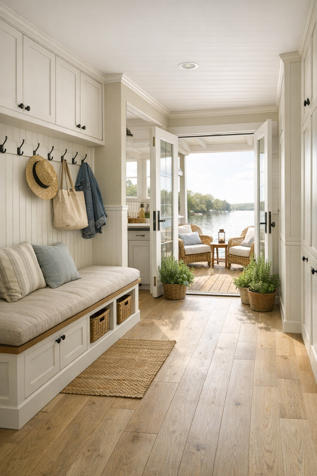 Thoughtful houseboat transition space with built-in storage, a bench landing, and a cozy deck-like sitting area