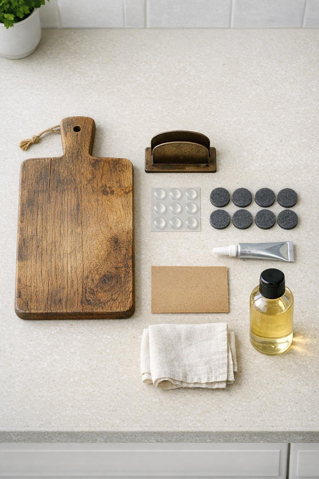 Materials for a cutting board tablet stand laid out together