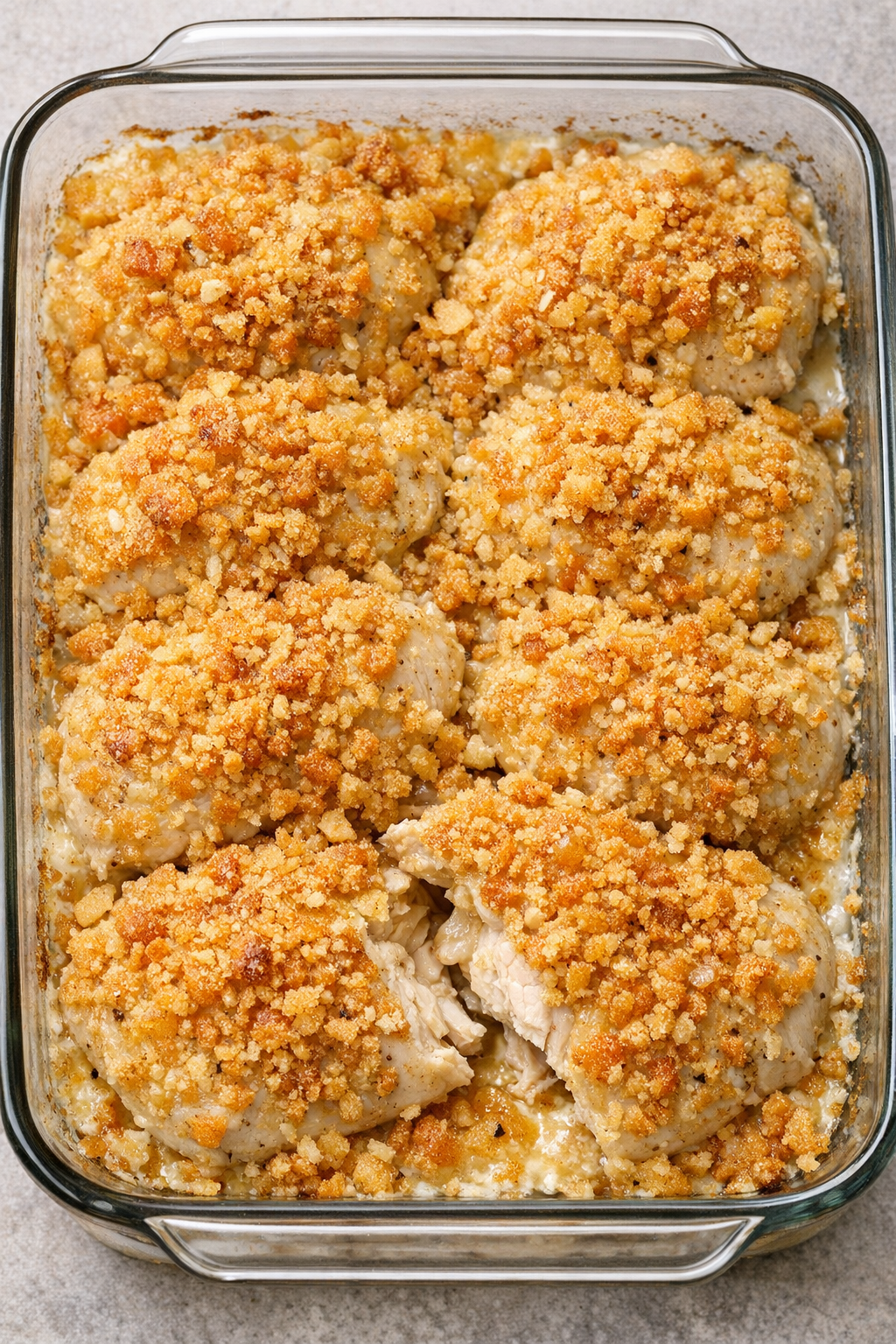 Baked cracker chicken golden and crisp in the dish