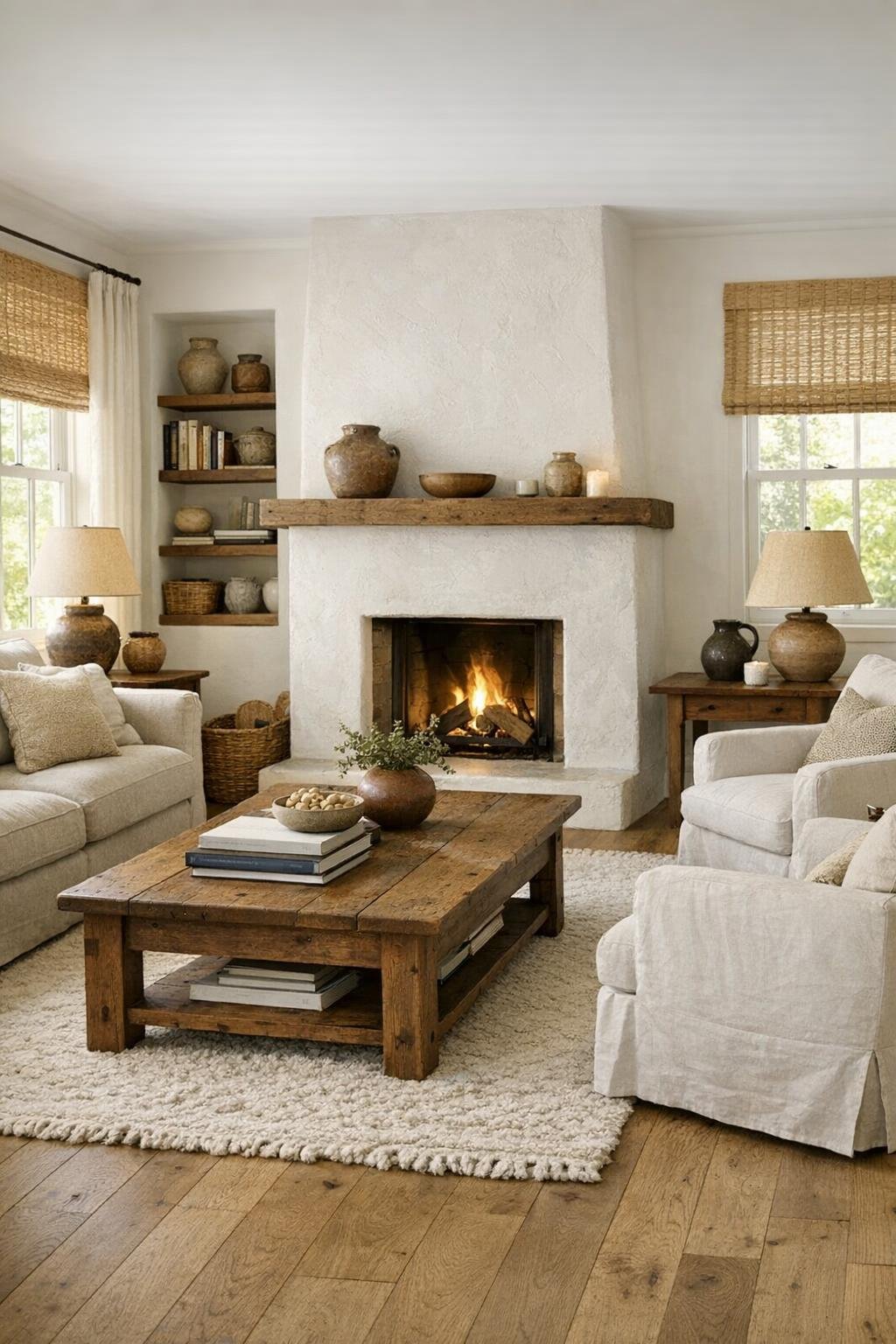 Bright cottage living room with linen seating and pale oak floors