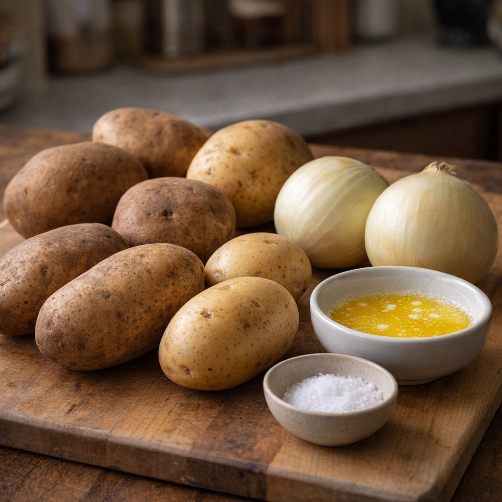 Simple ingredients for Amish roasted potatoes and onions laid out on a counter