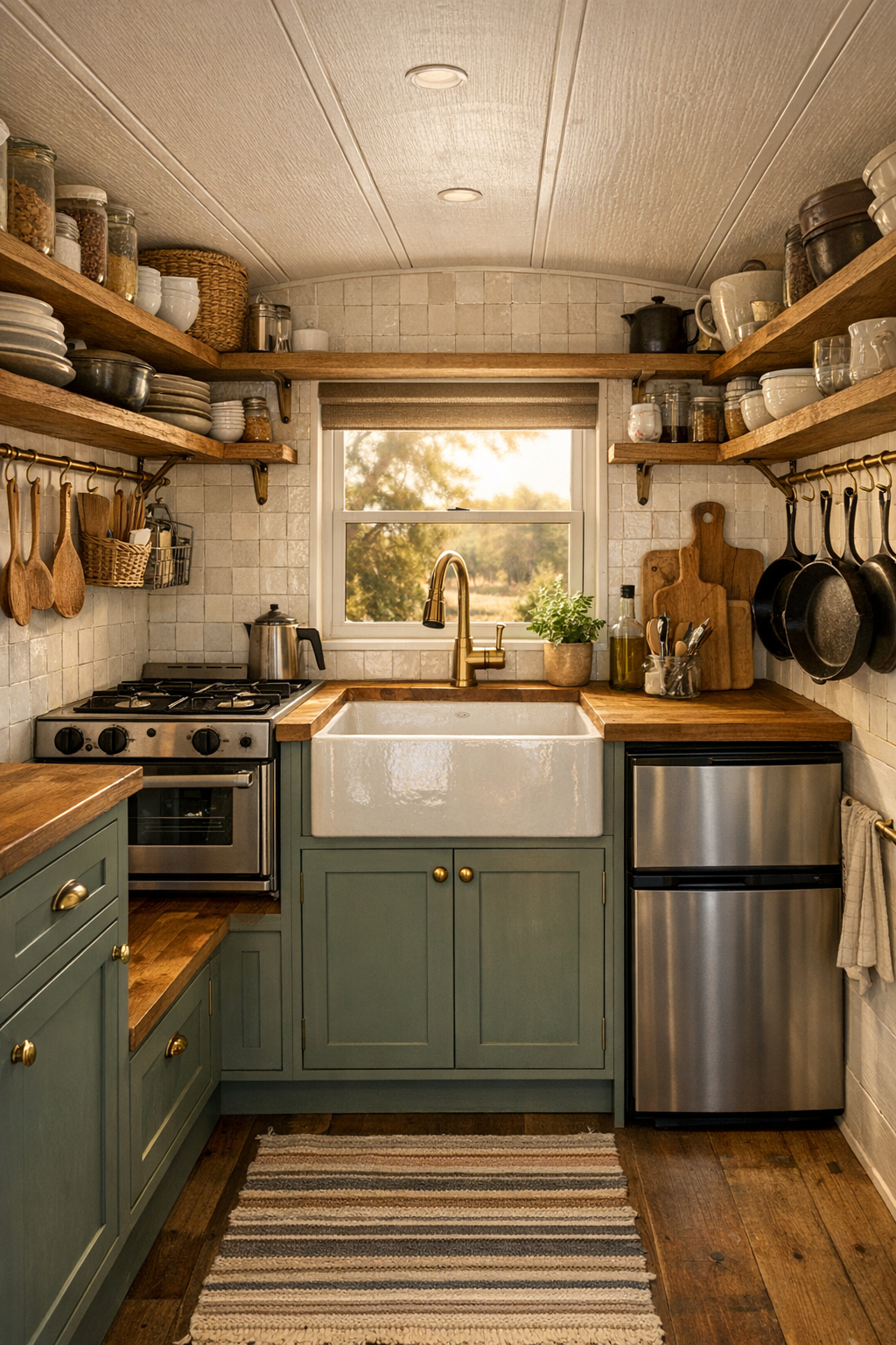 Galley kitchen in a converted bus with sage cabinetry, butcher block counters, and farmhouse sink