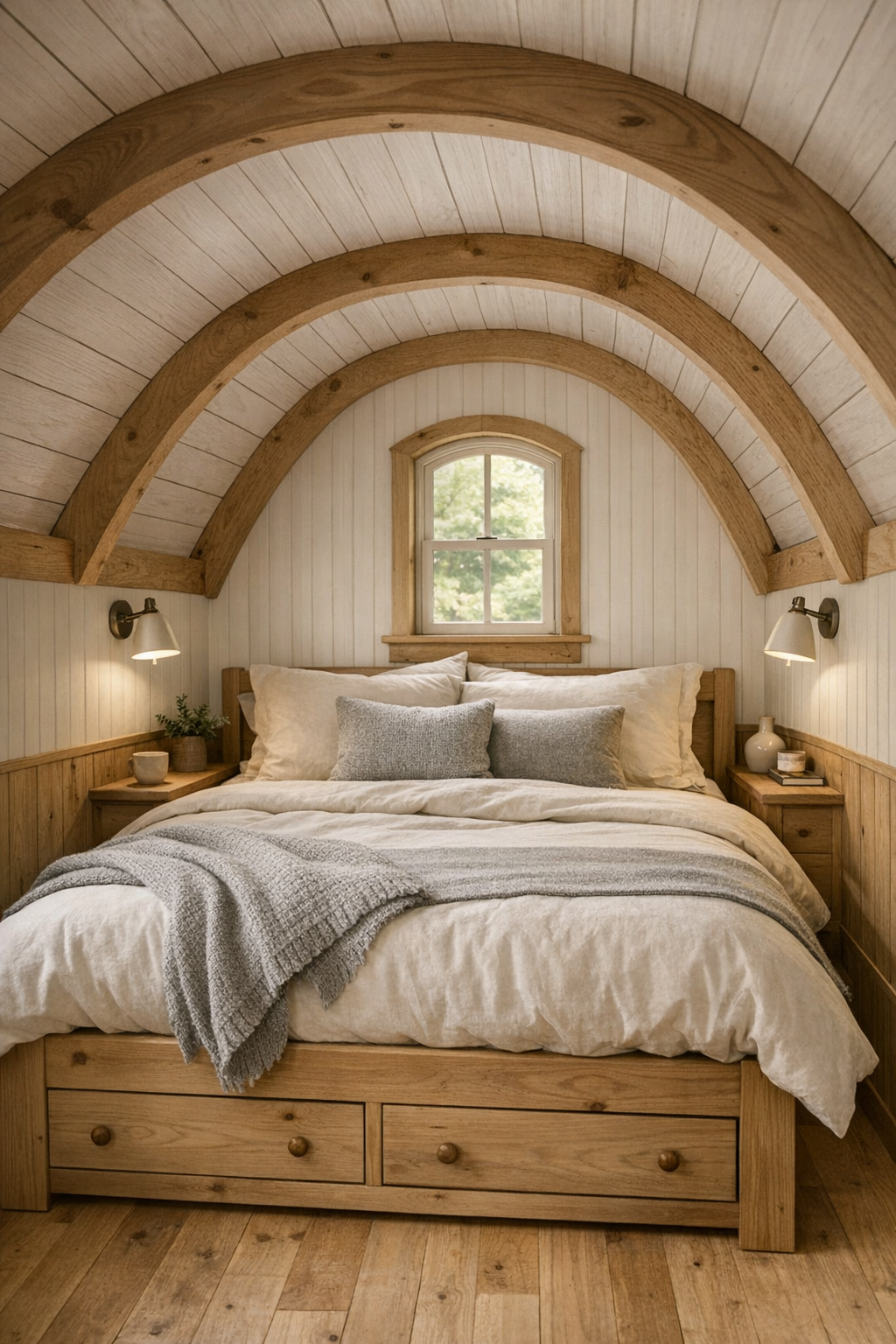 Peaceful tiny home bedroom under a gambrel roof with soft neutral bedding and built-in storage