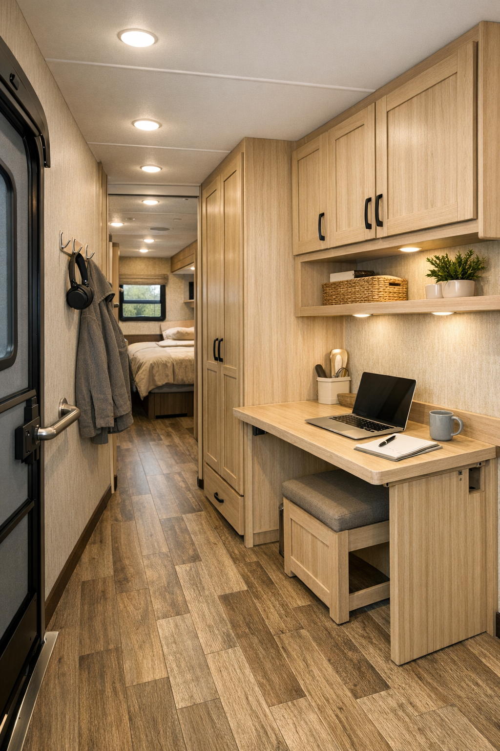 Accessible RV hallway and multipurpose storage area with built-in cabinetry and warm wood finishes