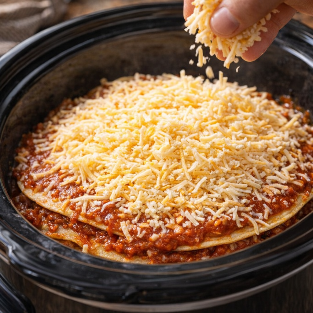 Layered enchilada stack before cooking in the slow cooker