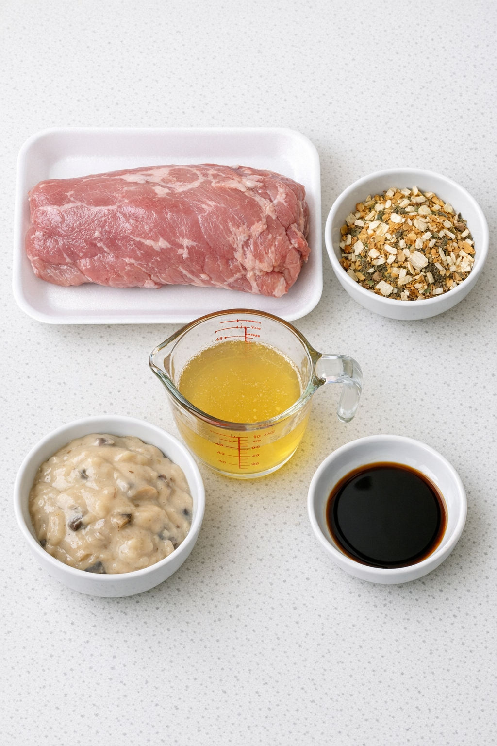 Pork tenderloin and five simple ingredients on a kitchen counter