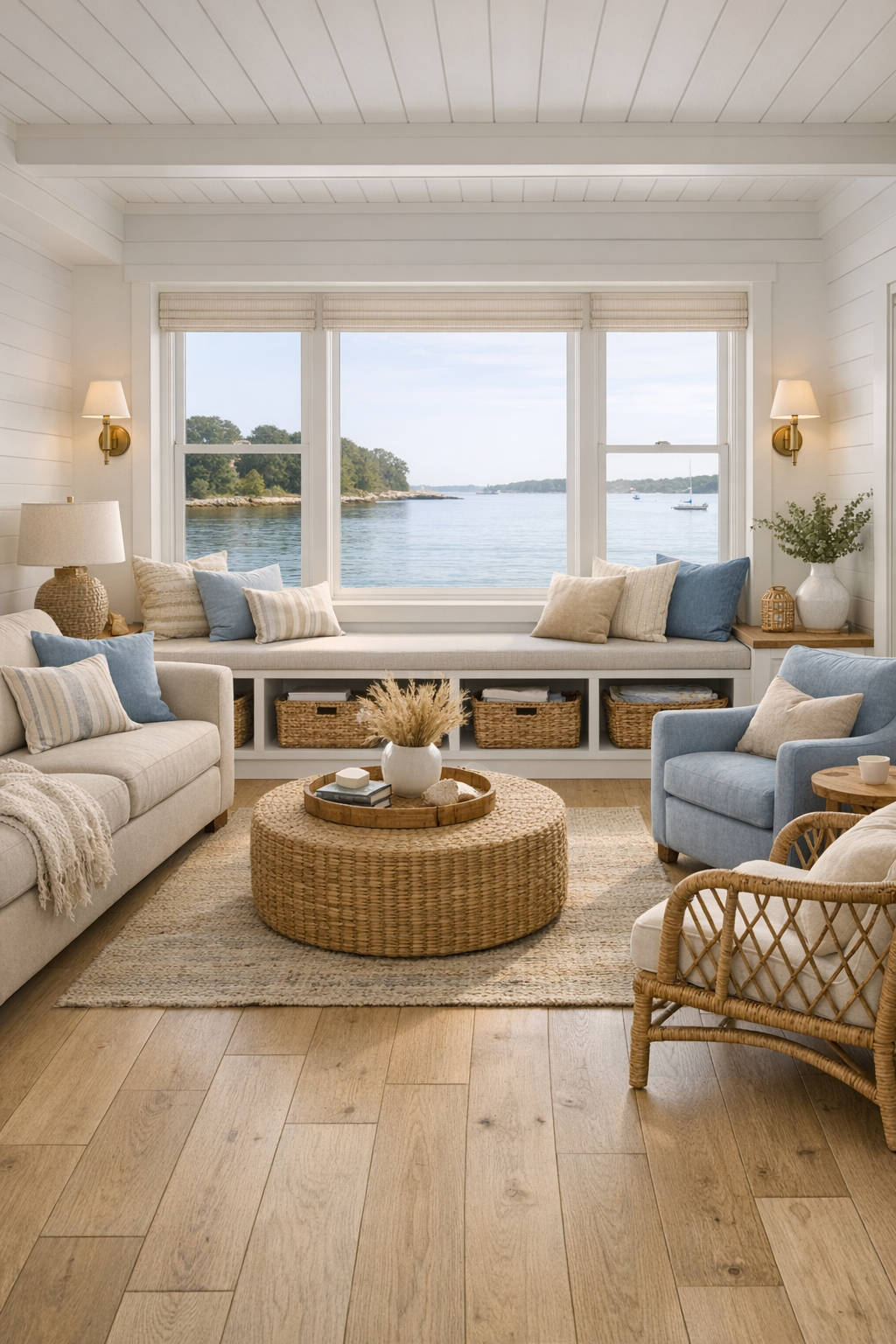 Accessible Cape Cod houseboat living room with pale oak floors and soft blue seating
