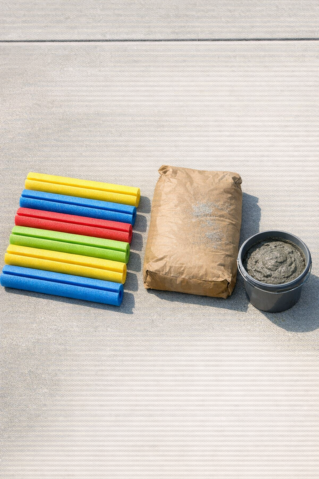 Pool noodles and cement laid out for the project