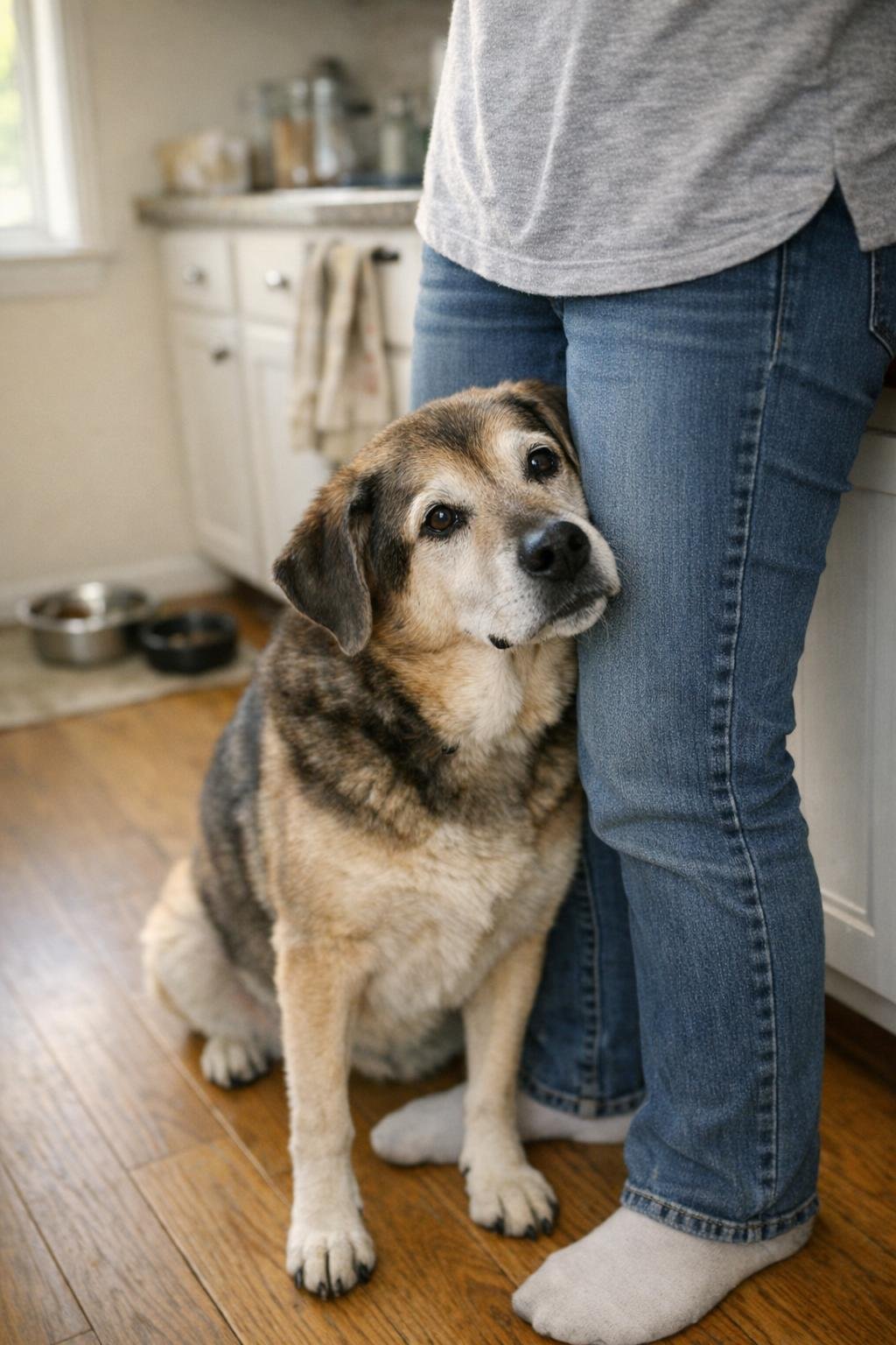 Dog leaning against an owner's legs in a kitchen