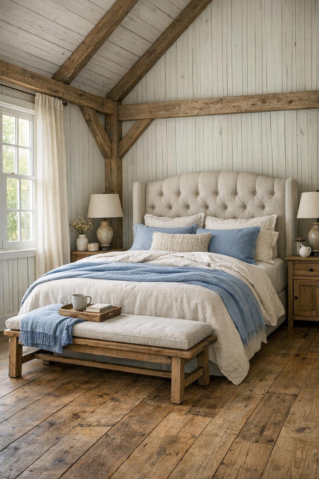 Calm farmhouse bedroom with upholstered bed, soft linens, and painted wood walls