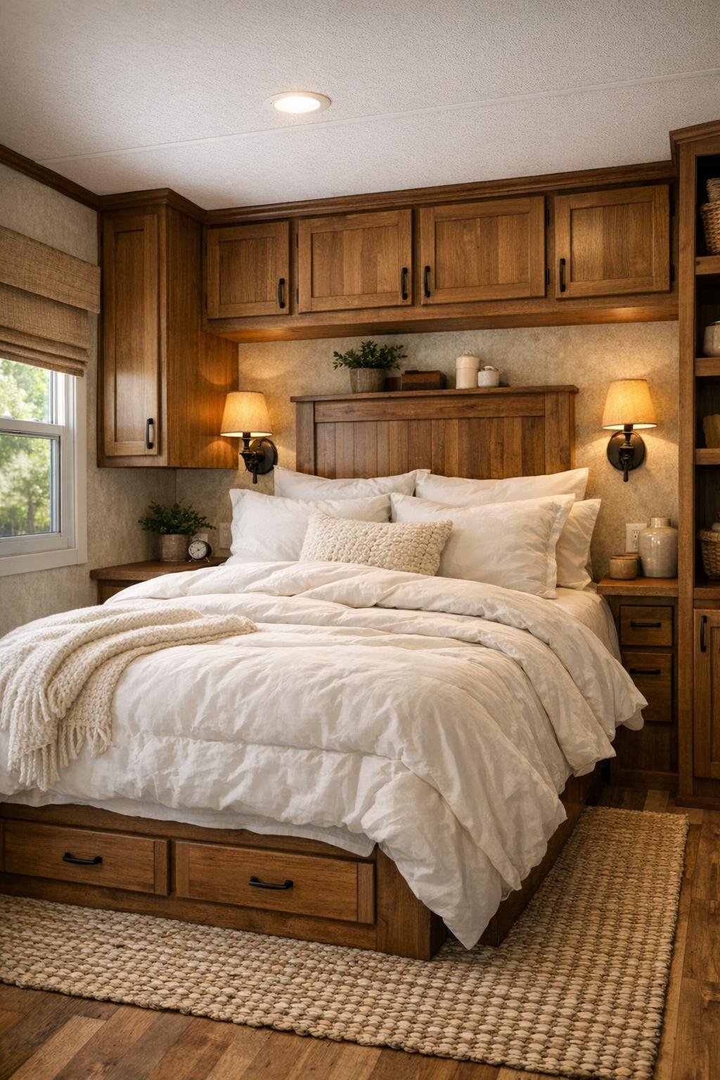 Quiet bedroom with layered white bedding, warm wood details, and built-in storage