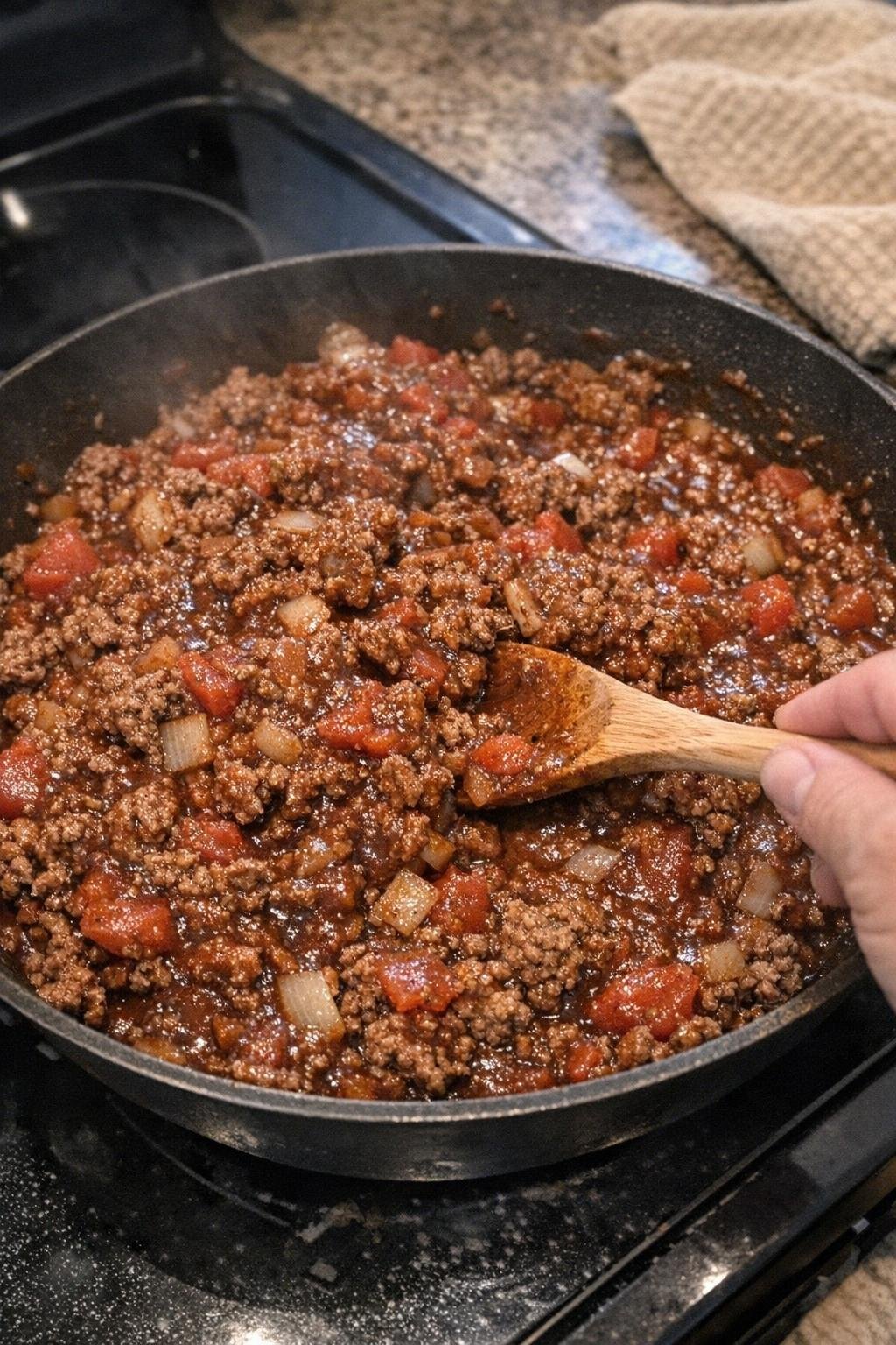 Barbecue sauce and tomatoes stirred into the beef