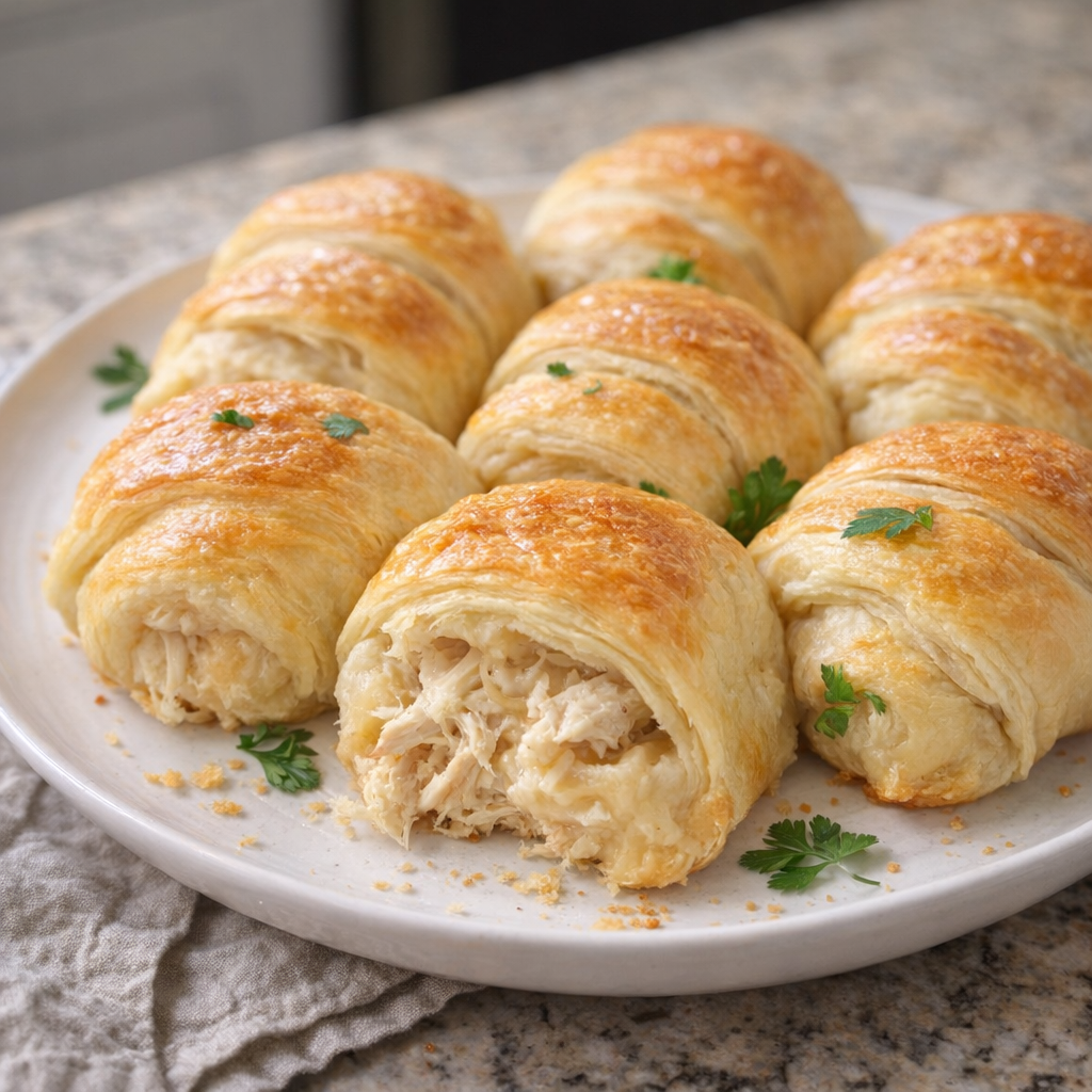 Freshly baked chicken stuffed crescent rolls on a plate