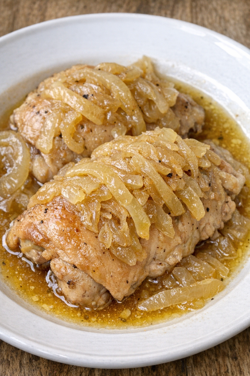 Slow cooker sweet onion chicken plated on a white ceramic plate