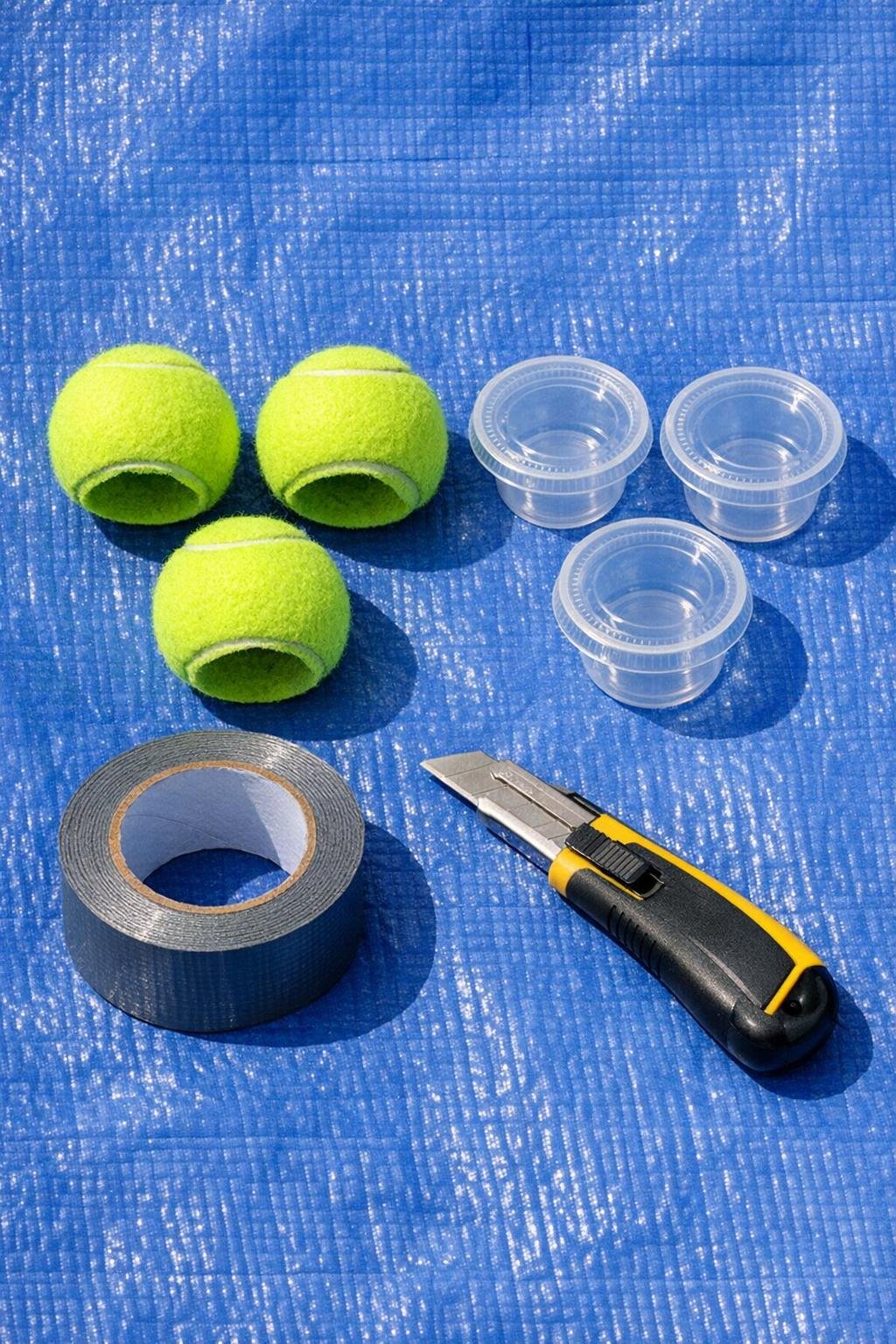 Materials for making tennis ball garden hose winterizers laid out on a tarp