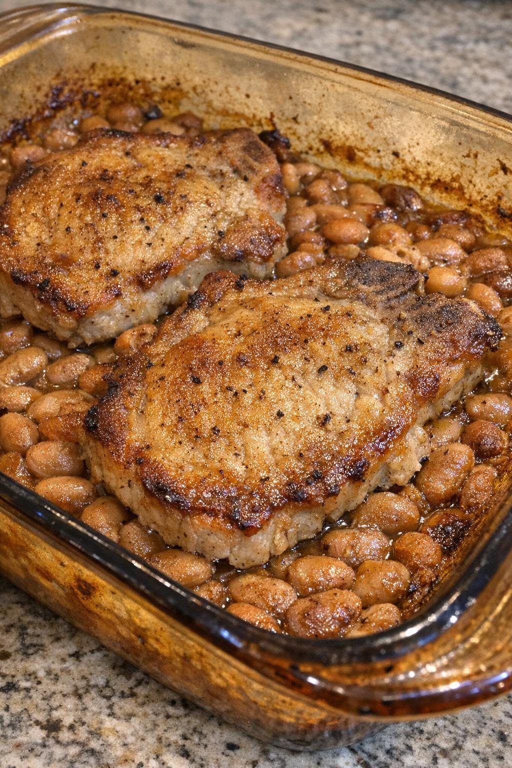 Golden browned pork chops baked over pinto beans in a vintage amber casserole dish