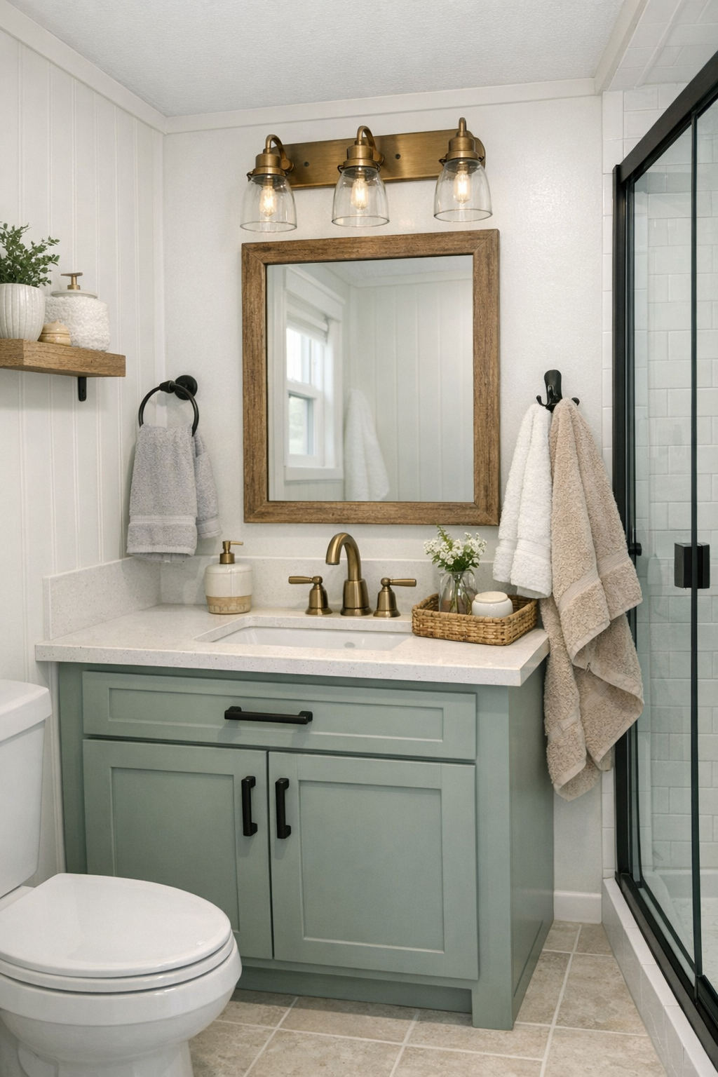Fresh compact bathroom with light tile, a painted vanity, and warm simple accents