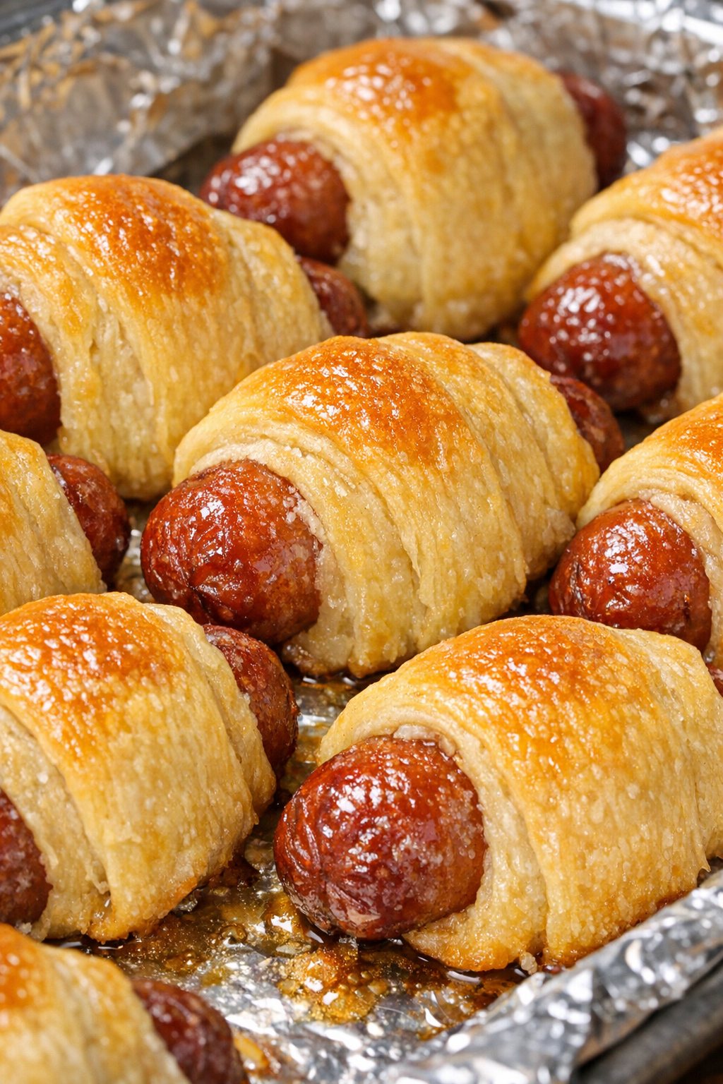 Southern 3-ingredient crescent wrapped smokies on a foil-lined baking tray
