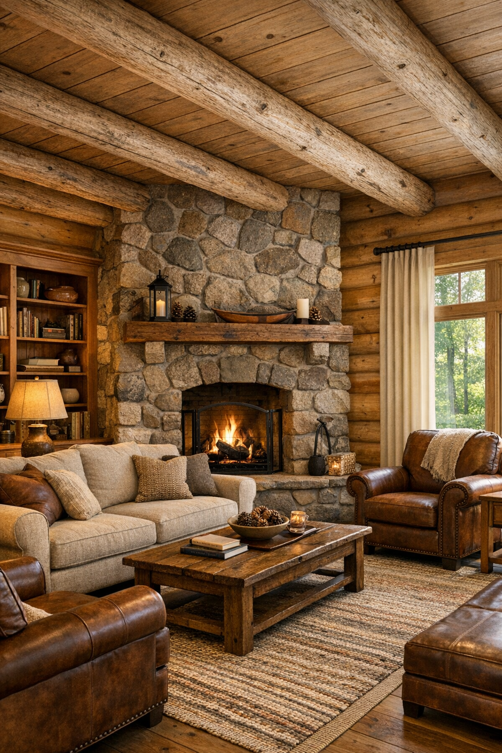 Living room with pale Norway pine log walls, stone fireplace, and handcrafted wood built-ins