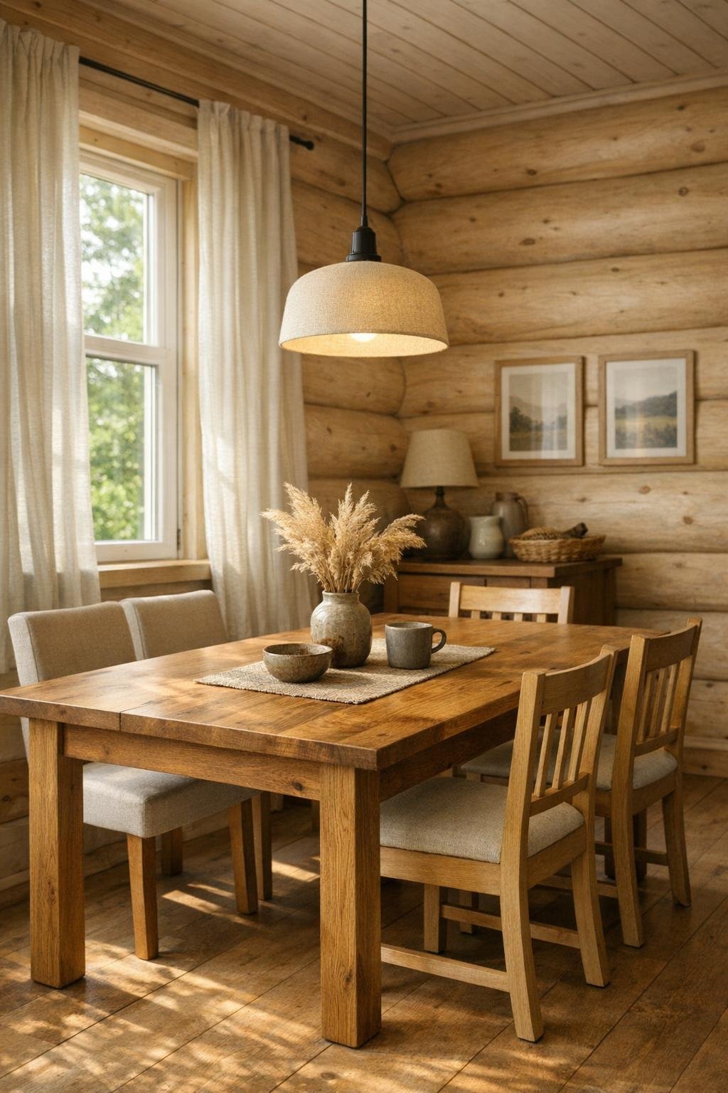 Warm dining area with a rustic wood table, simple chairs, and soft neutral finishes