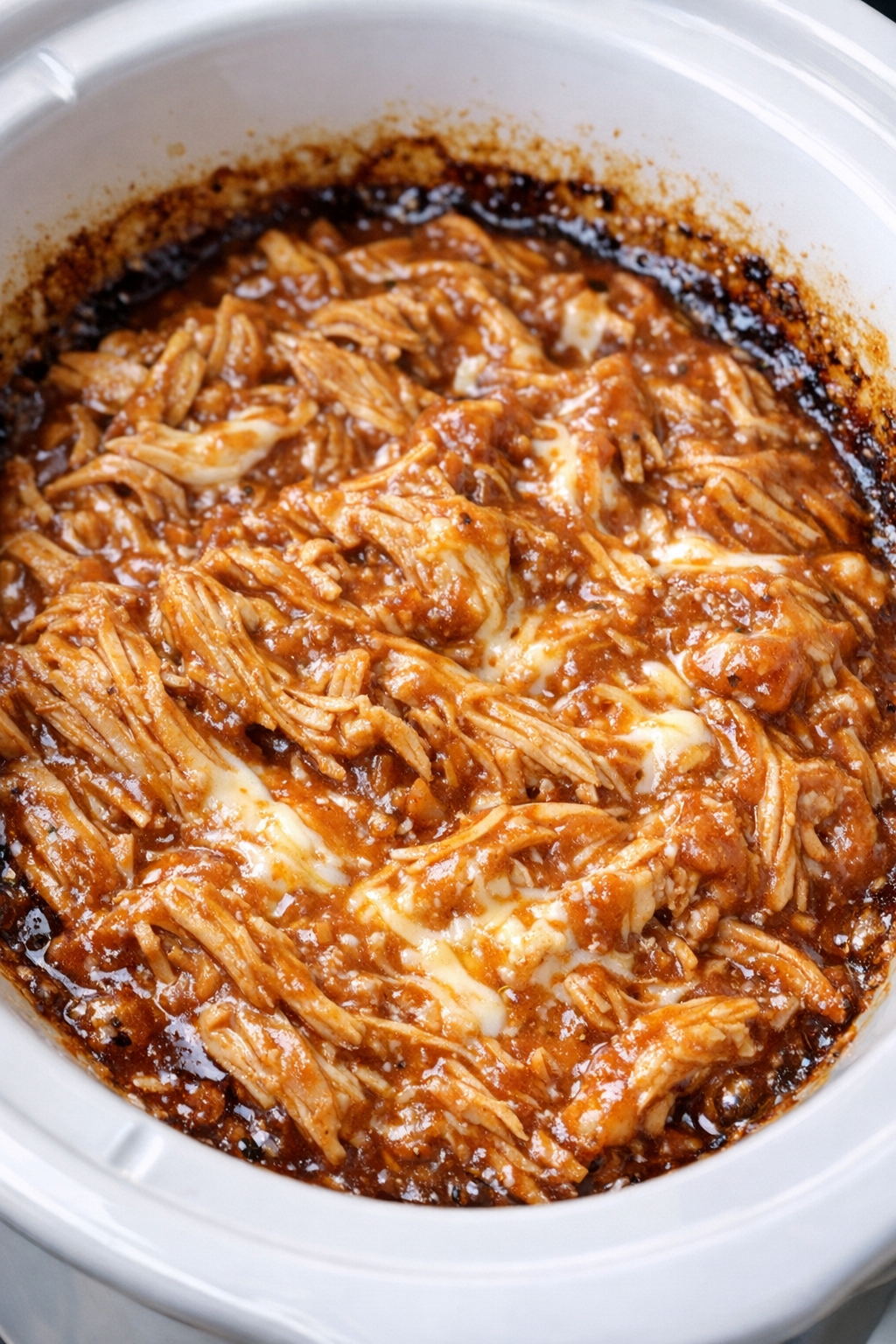 Slow cooker creamy BBQ chicken in a white slow cooker