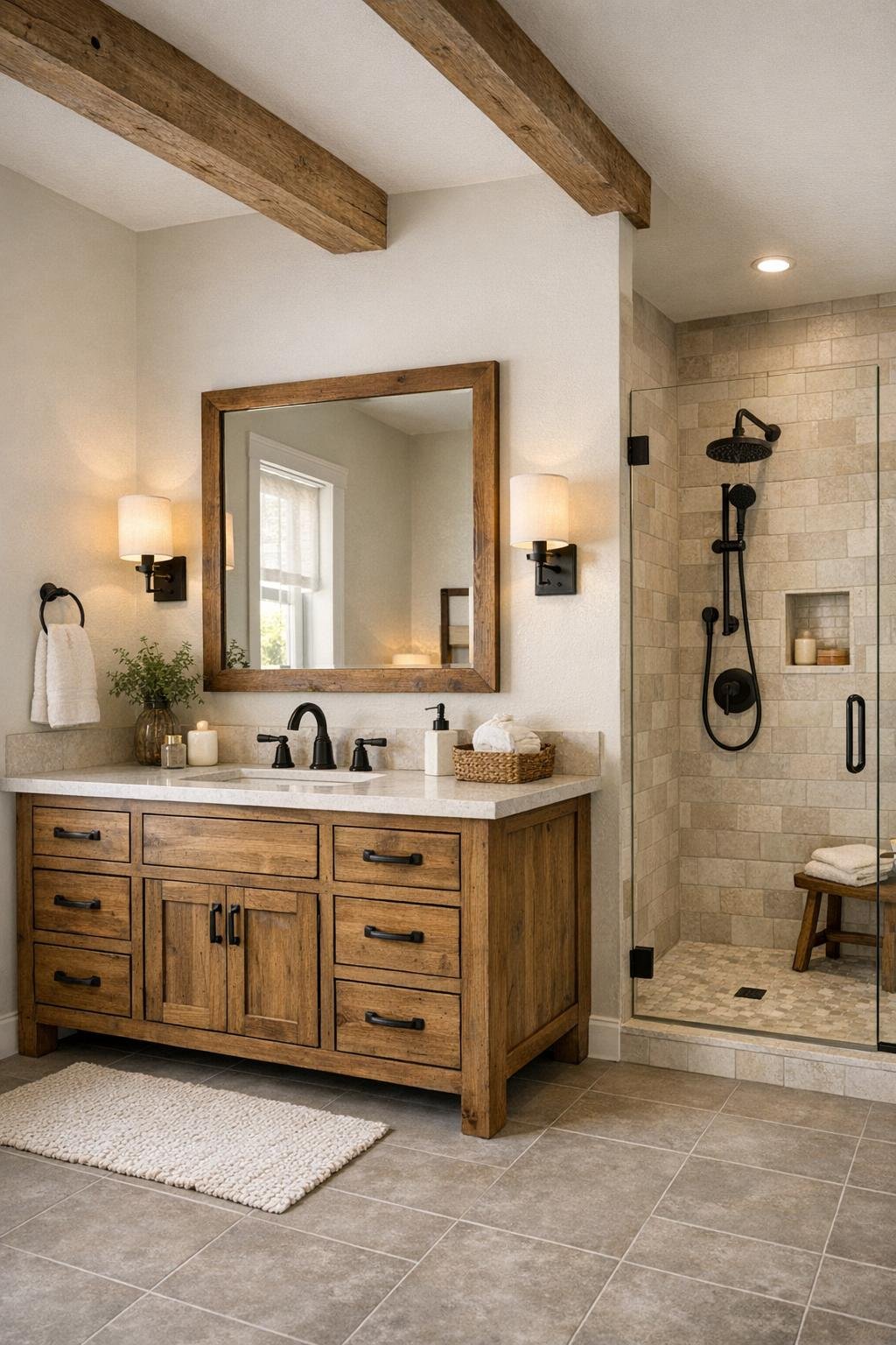 Bright farmhouse bathroom with wood vanity and matte tile