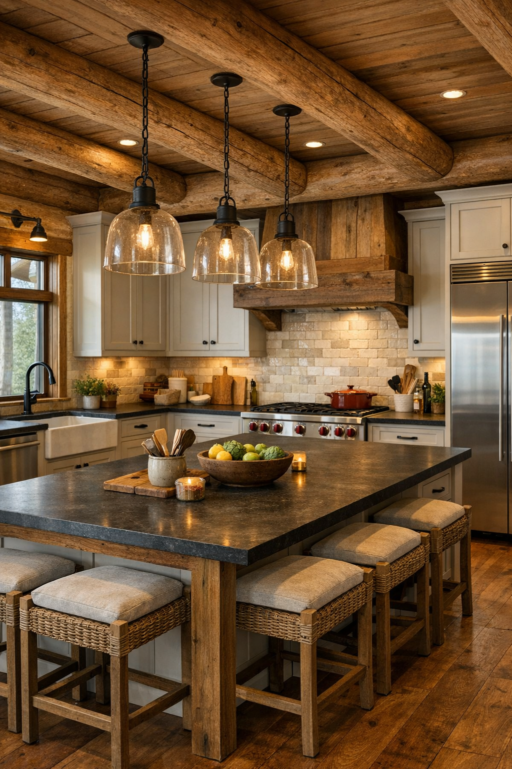 Kitchen with painted cabinetry, stone counters, and timber accents in a log home