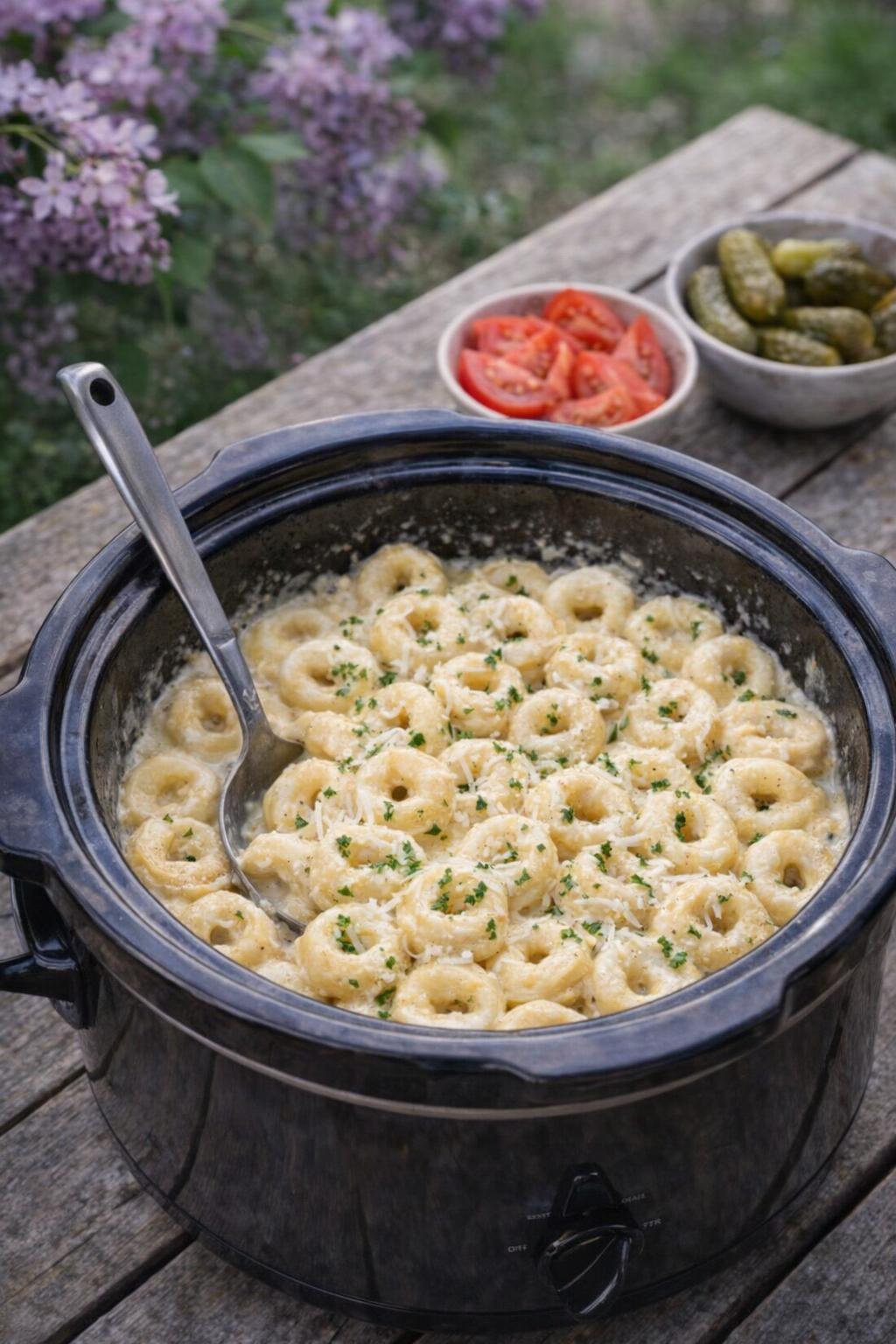 Slow cooker tortellini on a picnic table in spring