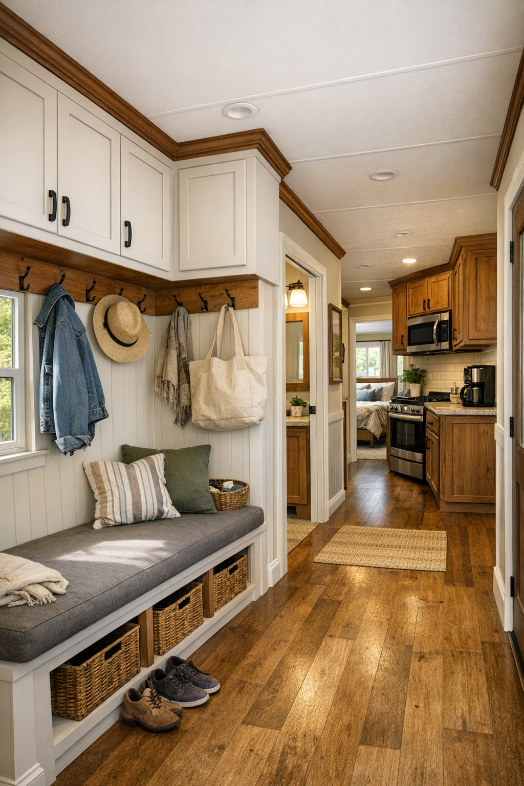 Thoughtful built-in entry and hallway storage with Craftsman trim and warm natural light