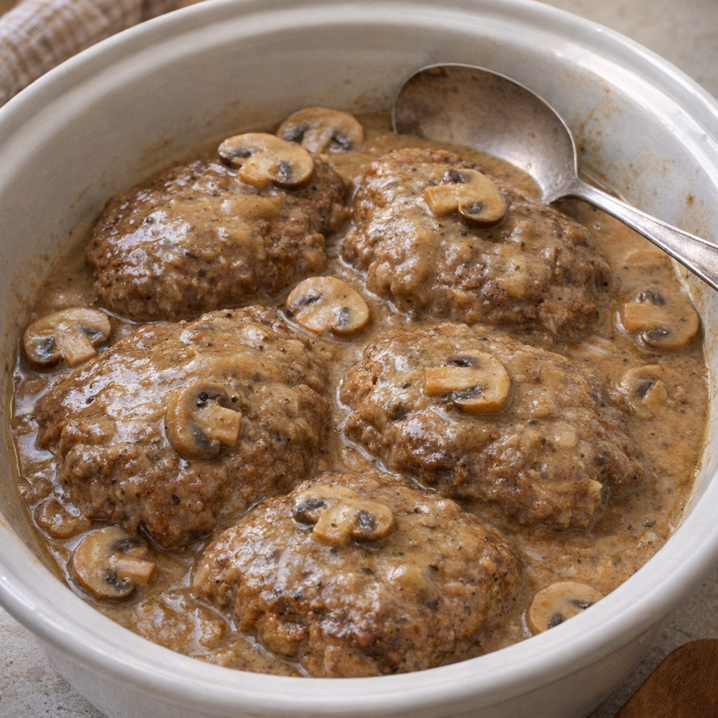 Slow cooker cube steak with mushroom gravy in a ceramic serving dish
