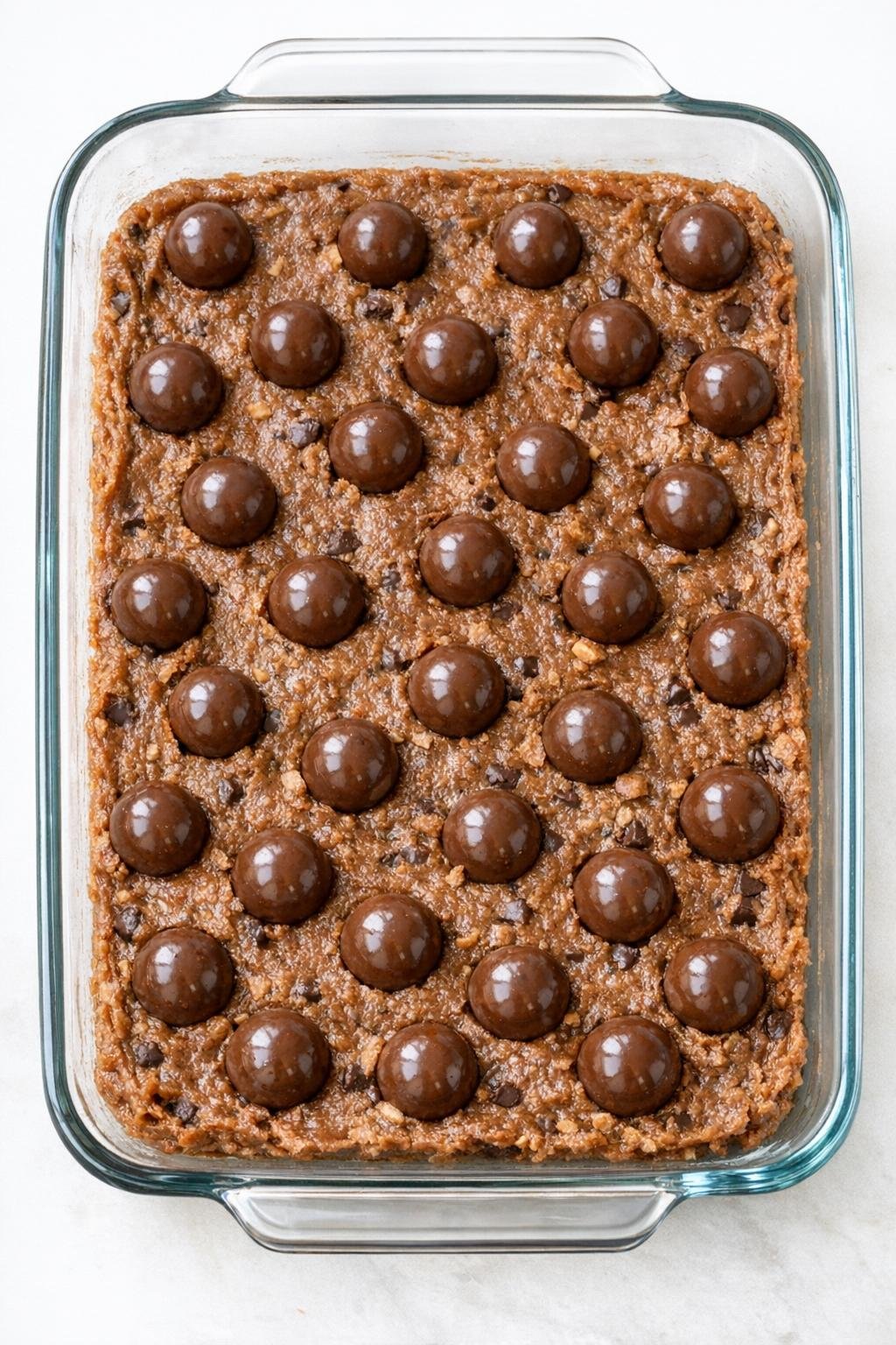 Ongebakken reepbeslag in een glazen schaal gedrukt met maltmelkbolletjes erbovenop.