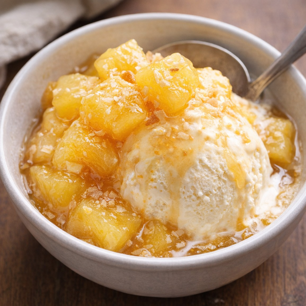 Pineapple dessert served over vanilla ice cream