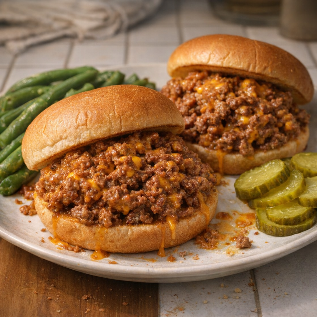 Cheddar beef on toasted buns with simple sides