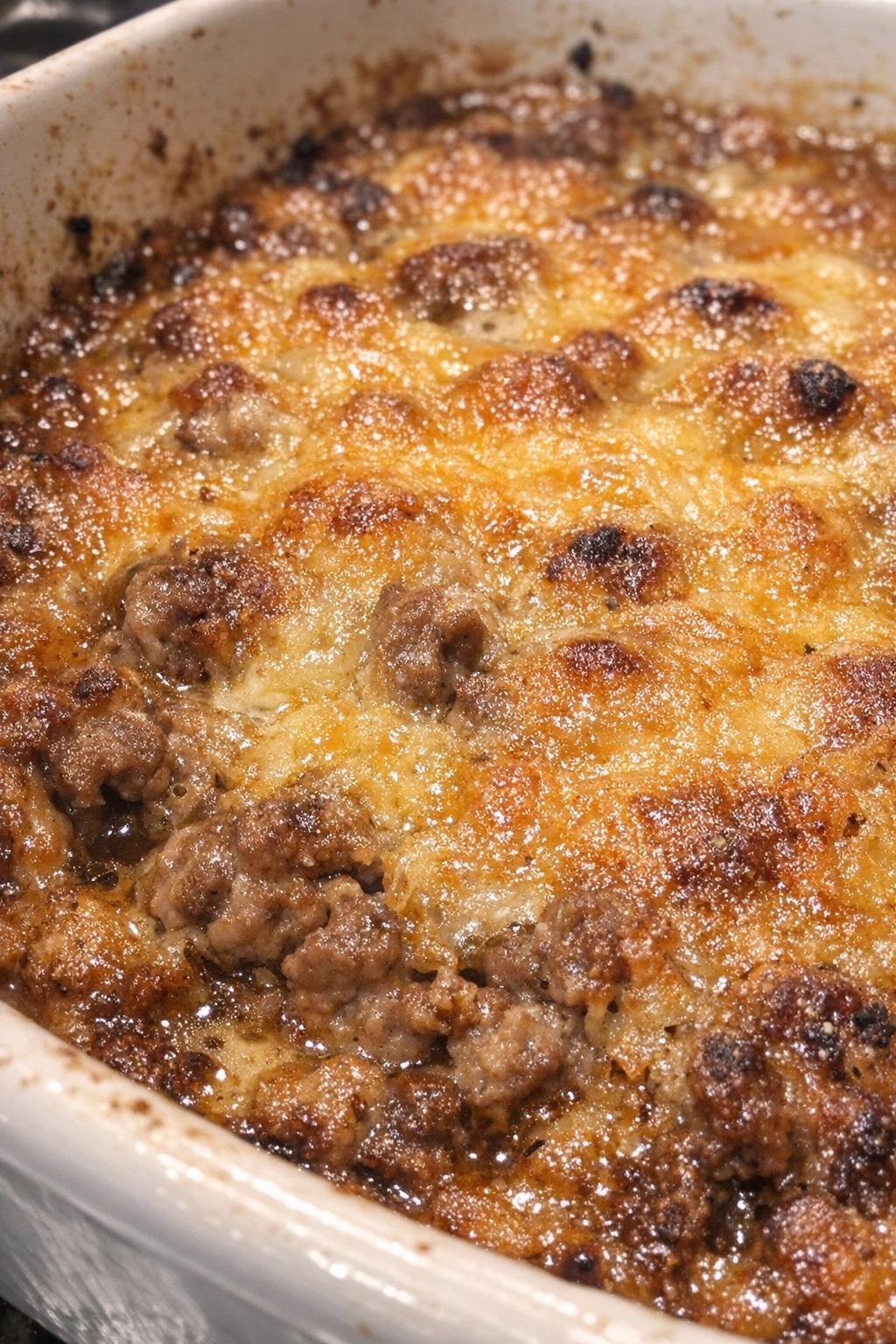 Close-up of a bubbling baked casserole with a golden crust in a ceramic dish