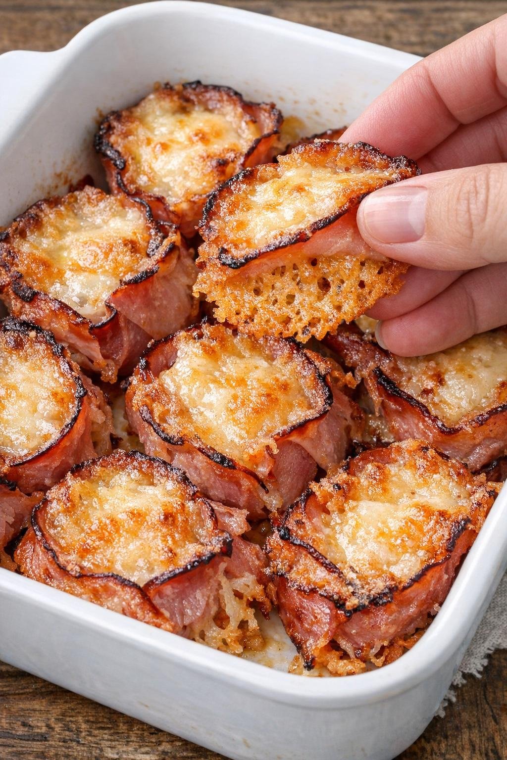 Low carb 3-ingredient ham winston crisps in a casserole dish