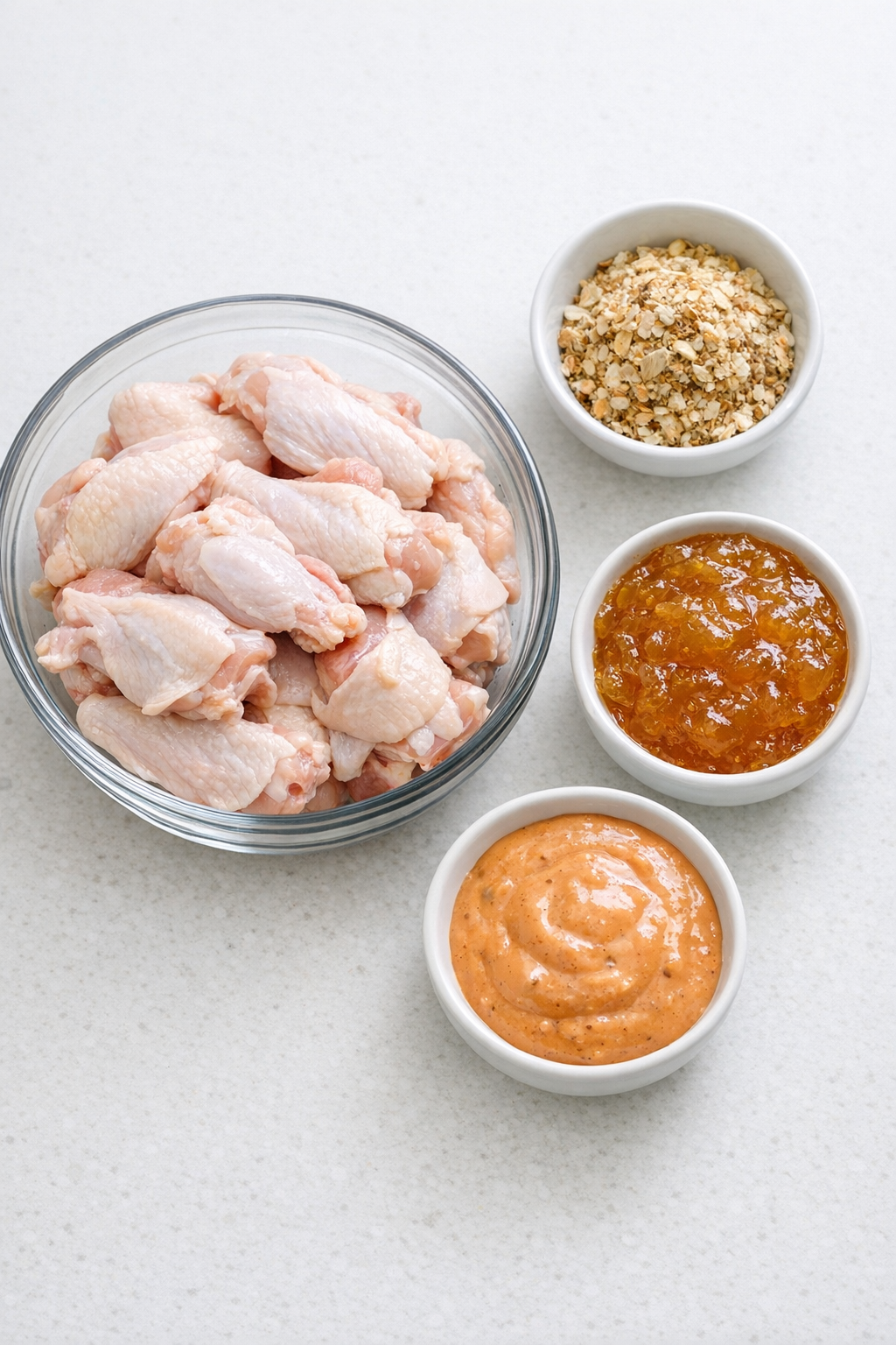 Chicken wings and four ingredients laid out for the recipe