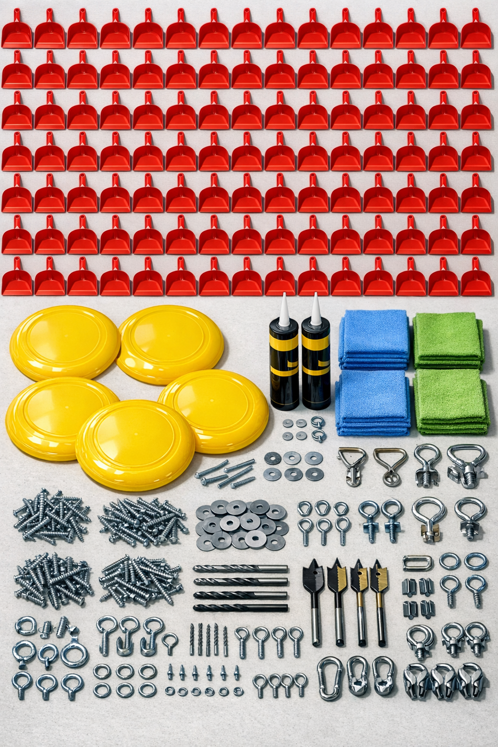 Bright red dustpans, yellow frisbees, adhesive, screws, and hanging hardware laid out for the project