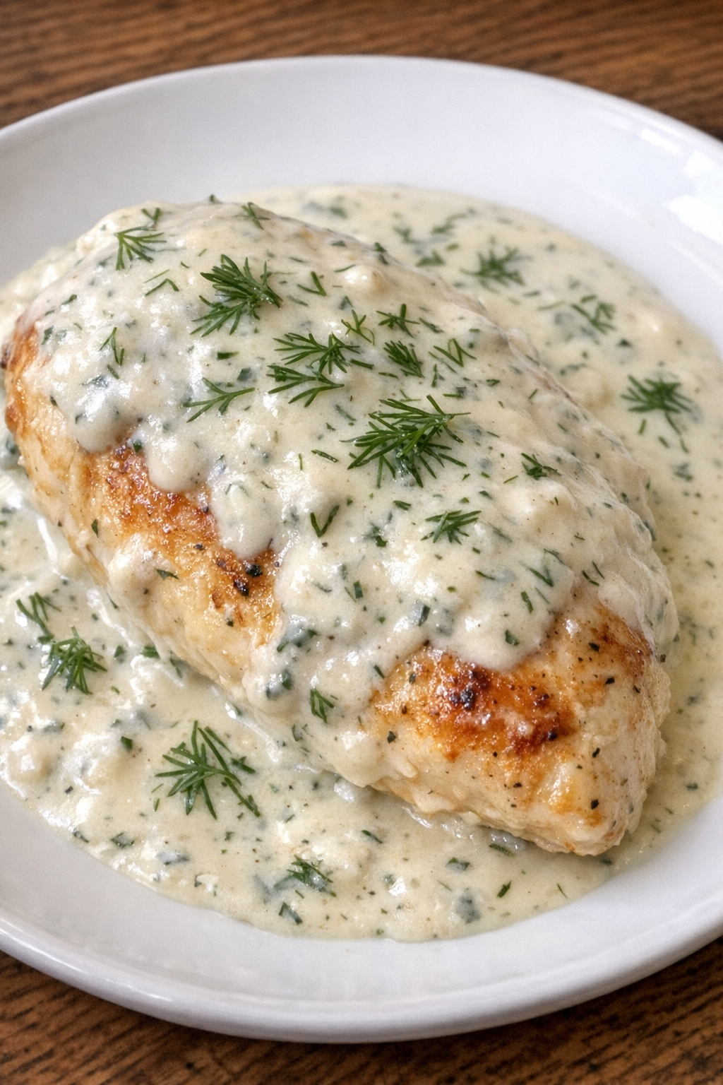 Slow cooker creamy dill chicken plated on a white ceramic plate