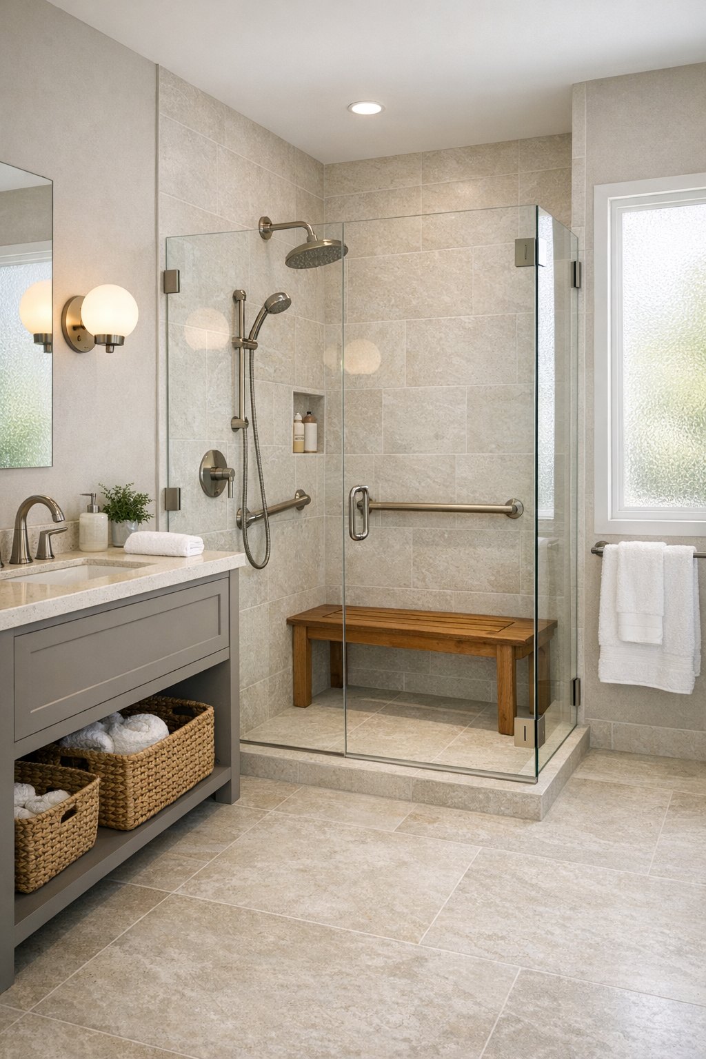 Accessible bathroom with step-free shower, pale gray vanity, and limestone-look tile