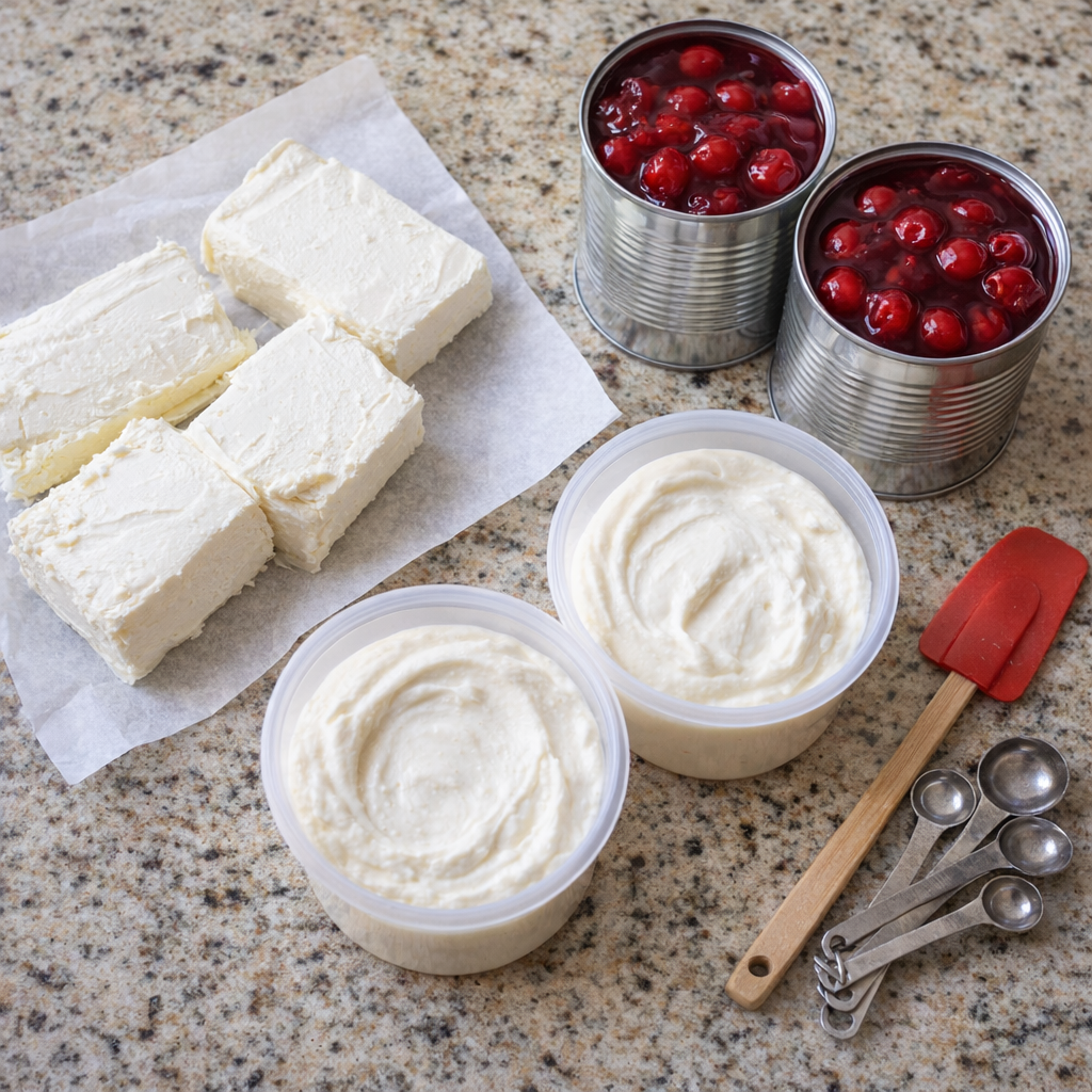 Cream cheese, pie filling, and cherry topping ingredients laid out on a counter