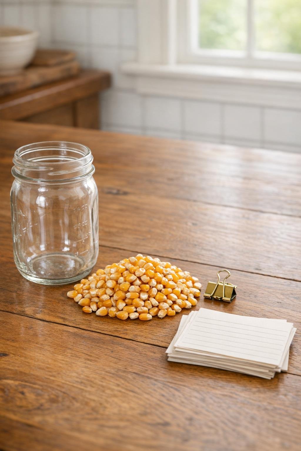 Materials for a mason jar recipe card holder laid out on a kitchen table
