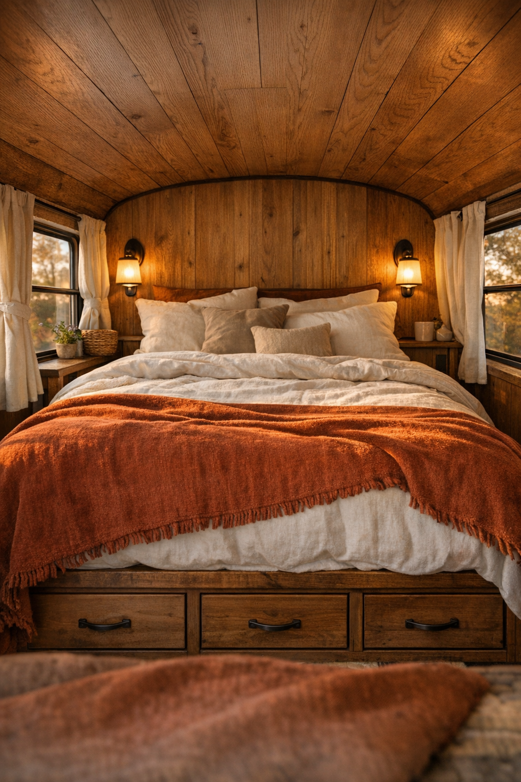 Warm rustic bus bedroom with raised bed and linen bedding