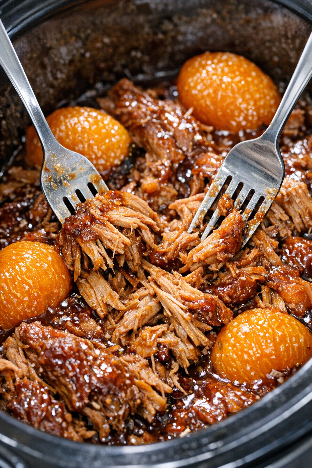 Shredding and stirring the pork in sauce