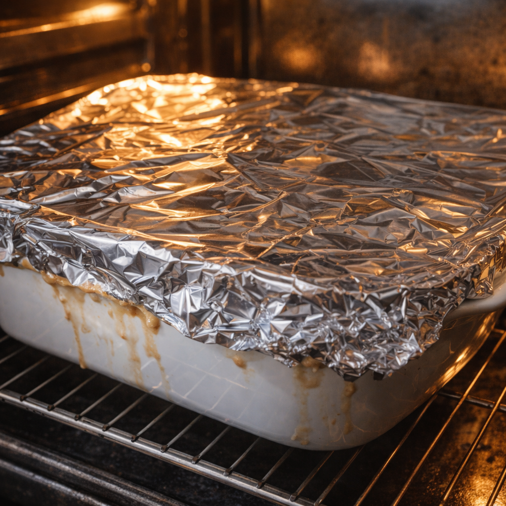 Foil-covered casserole dish ready for the oven