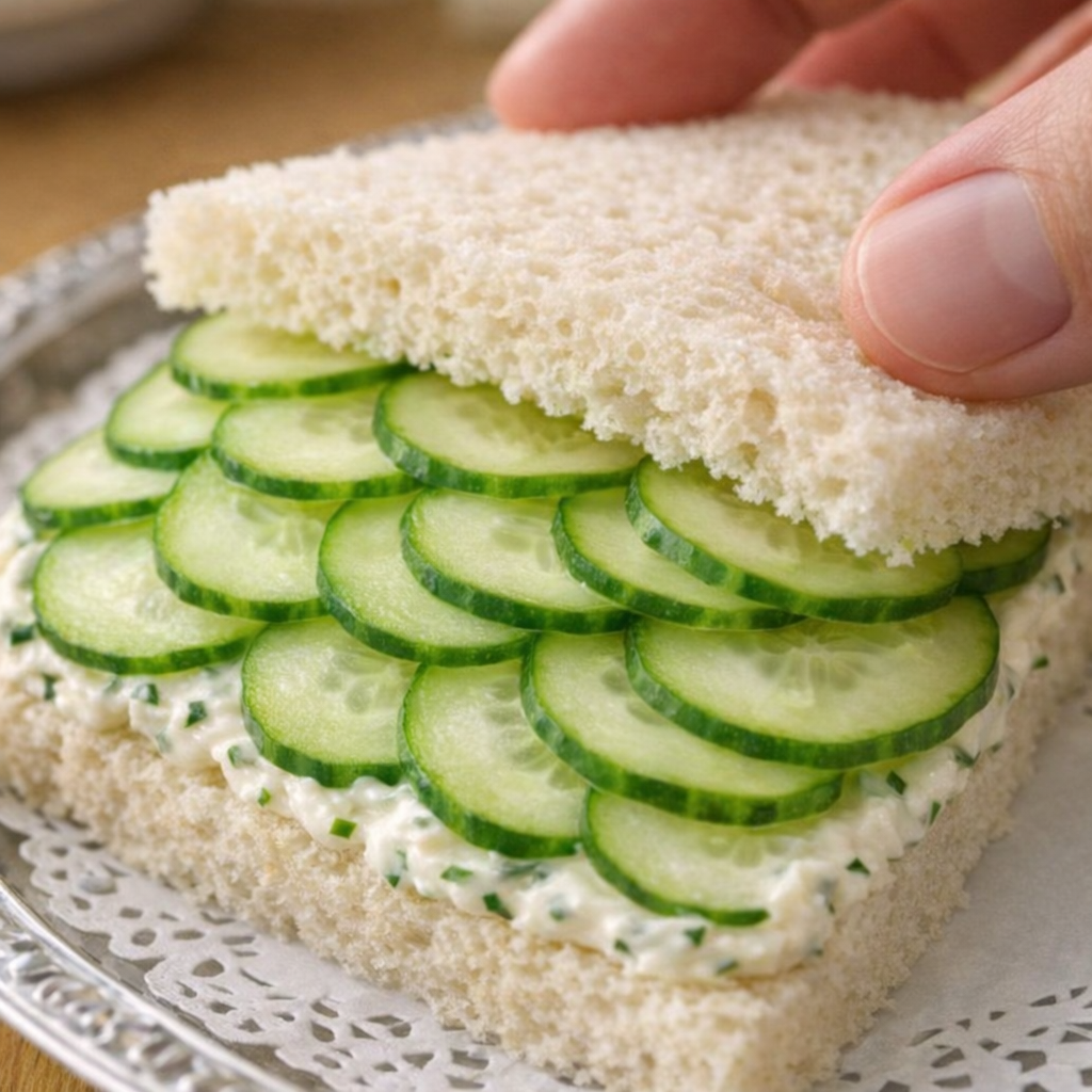 Cucumber slices layered neatly on cream cheese bread